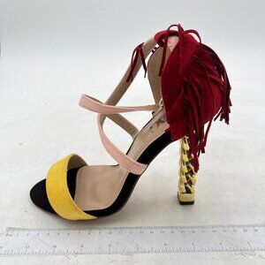 Pink Cross Strap Tassels Open Toe Gold Metal Chain Chunky Heels Dress Sandals